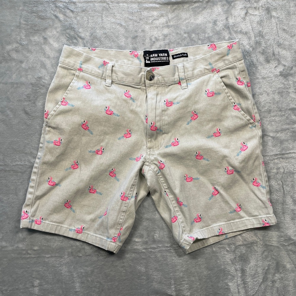 Raw Yarn Industries‎ Mens Flamingo Print Stretch Twill Shorts Size 32